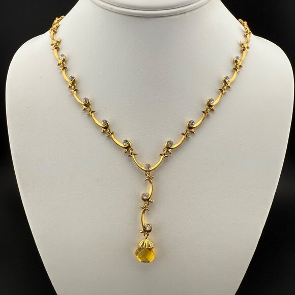 Yellow Gold Tone Necklace With Faceted Yellow Crystal Drop & Clear Glass Crystal - Picture 1 of 13